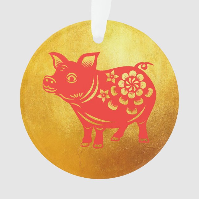 Chinese Pig Year Red Papercut Gold R Ornament (Front)