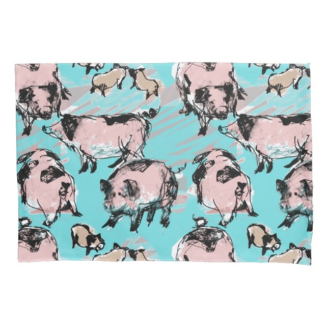 Chinese Pig Year Zodiac Original Drawing Blue PCa Pillowcase (Front)