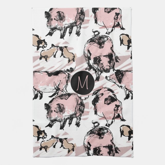 Chinese Pig Year Zodiac Original Monogram Kitchen Kitchen Towel (Vertical)
