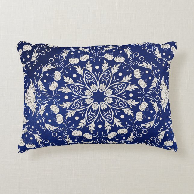 Chinese Porcelain: Blue Watercolor Floral Accent Pillow (Front)