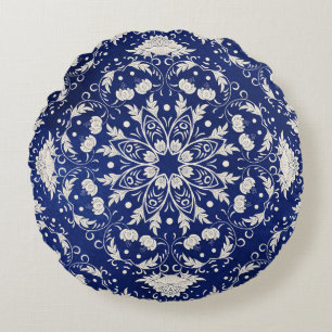 Chinese Porcelain: Blue Watercolor Floral Round Pillow