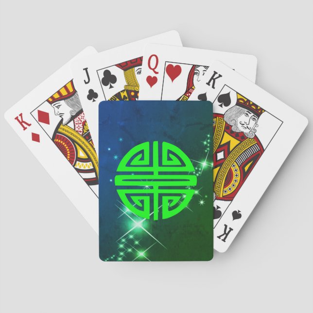 Chinese prosperity symbol green sparkles playing cards (Back)
