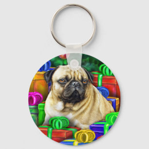 Chinese Pug Christmas Open Gifts NOW Keychain