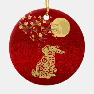 Chinese Rabbit Moon Red Foil Ceramic Ornament