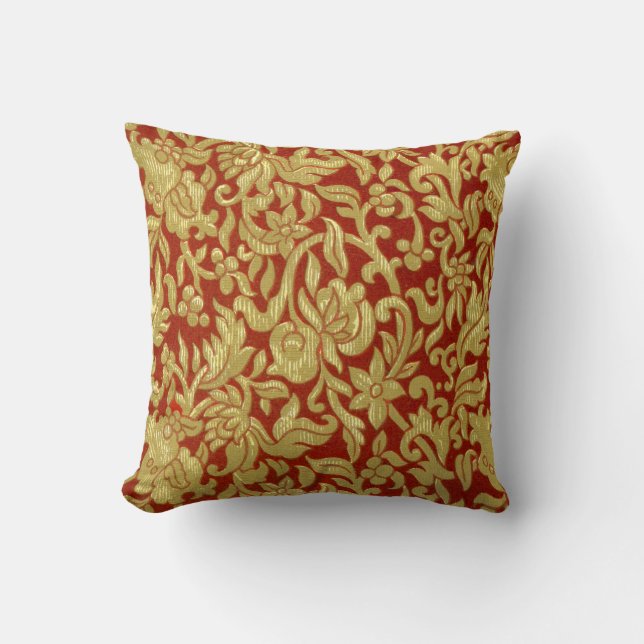Chinese Red and Gold Pattern Throw Pillow (Front)