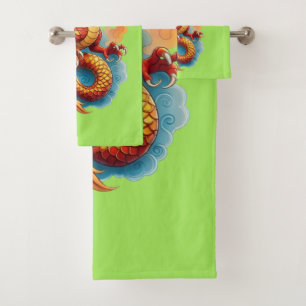 Chinese Red Dragon Fiery Illustration-67561 Bath Towel Set