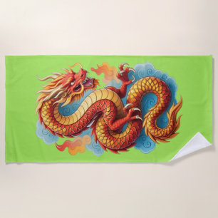 Chinese Red Dragon Fiery Illustration Beach Towel