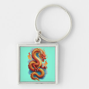Chinese Red Dragon Fiery Illustration Keychain