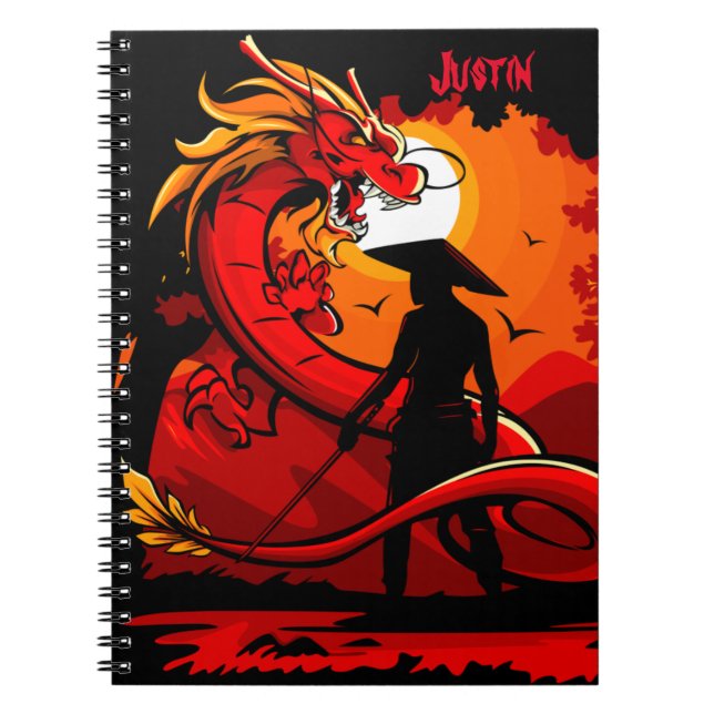 Chinese Red Dragon Keeper Personalize Name Notebook (Front)