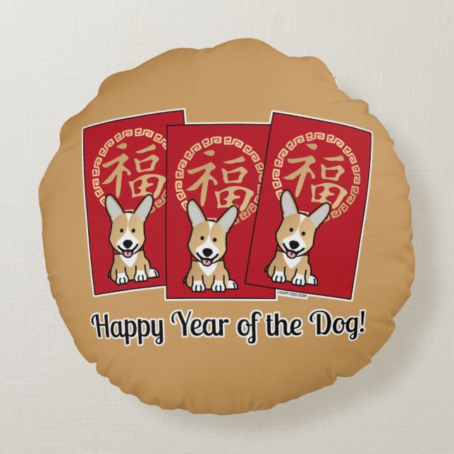 Chinese Red Envelope Lucky Corgi Year of the Dog Round Pillow (Back)
