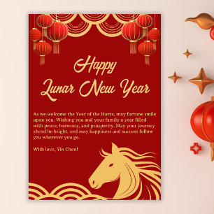 Chinese Red Gold Happy Lunar New Year Of The Horse Holiday Card