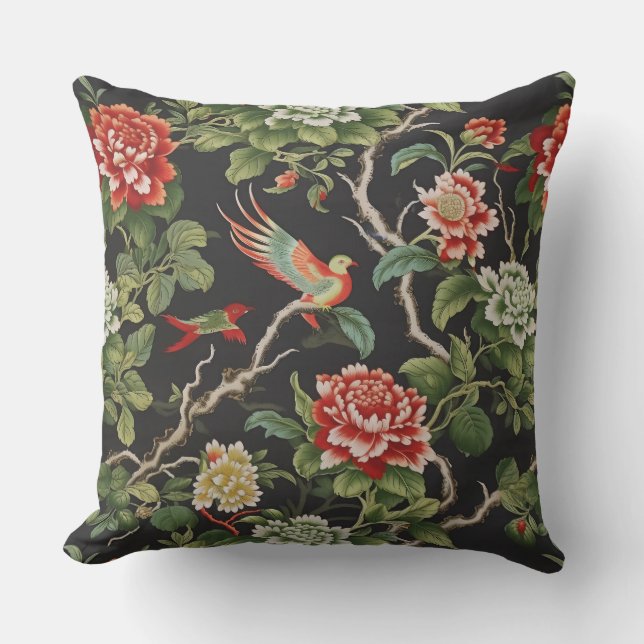 Chinese red green floral  outdoor pillow (Front)