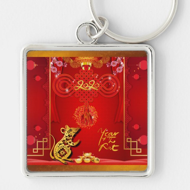 Chinese Red Knot Rat Year 2020 Square MK Keychain (Front)