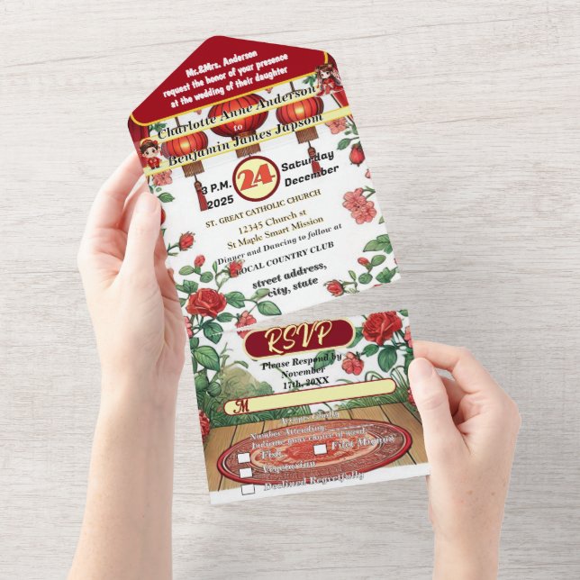 Chinese Red Lantern Ancient Building Wedding Gown All In One Invitation (Tearaway)