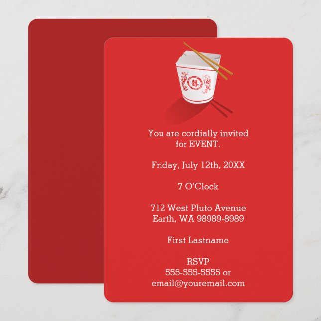 Chinese Restaurant Takeout Box Invitation (Front/Back)