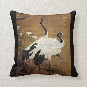 Chinese Scroll Art Crane Birds Flowers Pillow