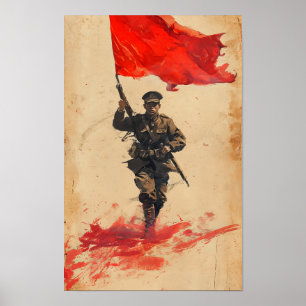 Chinese Soldier Red Flag Marching Poster