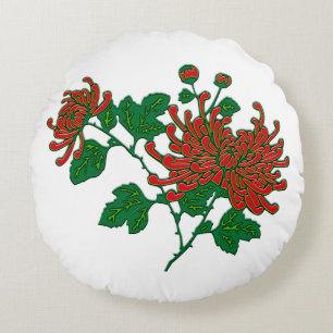 Chinese spider chrysanthemums - deep Chinese red Round Pillow