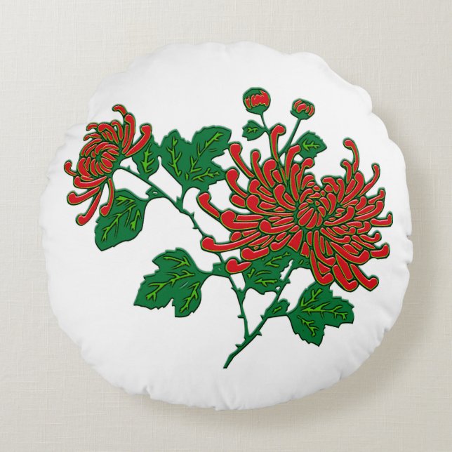 Chinese spider chrysanthemums - deep Chinese red Round Pillow (Front)