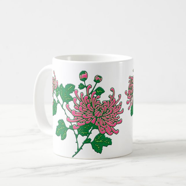 Chinese Spider Chrysanthemums in Coral Pink Coffee Mug (Front Left)