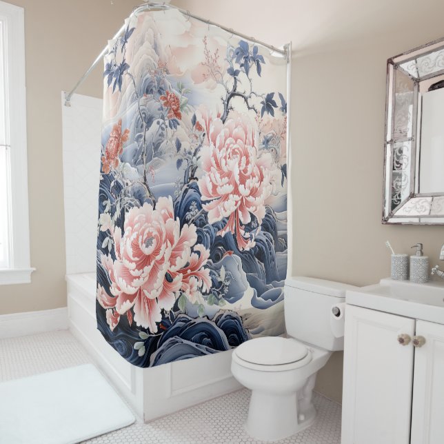 Chinese Style Peony Painting in Pink and Blue (In Situ)