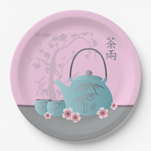 Chinese "Tea for two" and "Love" on tea cup Paper Plate (Front)