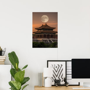 Chinese Temple Full Moon Sunset Photography Poster
