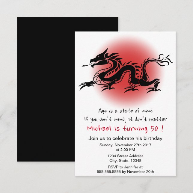 Chinese traditional dragon man's birthday party invitation (Front/Back)