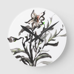 Chinese traditional ink painting flowers round clock