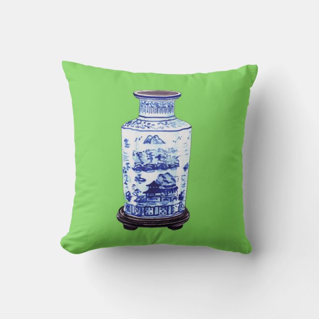CHINESE VASE ON GREEN THROW PILLOW (Front)