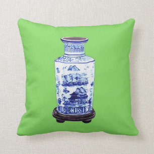 CHINESE VASE ON GREEN THROW PILLOW