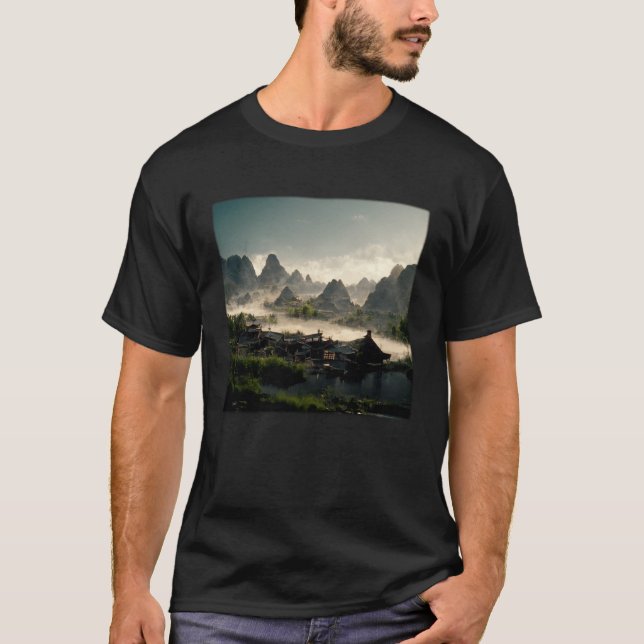 Chinese Village Landscape Relistic Octan Mountain T-Shirt (Front)