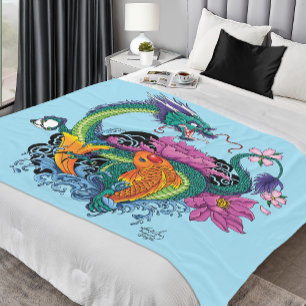 Chinese Water Dragon Koi Fish Fleece Blanket