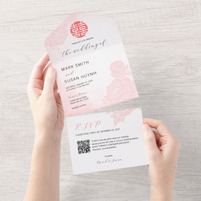 Chinese Watercolor All in One Wedding Invitation (Tearaway)
