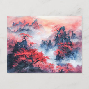 Chinese Watercolor Autumn Mountains at Sunset Postcard