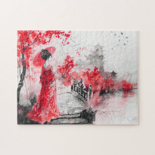 Chinese Watercolor Geisha on a Bridge Jigsaw Puzzle