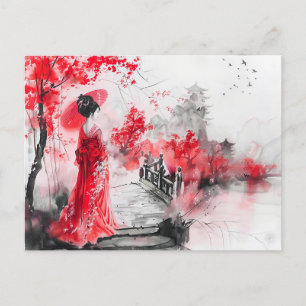 Chinese Watercolor Geisha on a Bridge Postcard