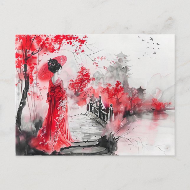 Chinese Watercolor Geisha on a Bridge Postcard (Front)