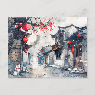 Chinese Watercolor Lantern-Lit Old Town Postcard