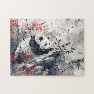 Chinese Watercolor Panda and Bamboo Jigsaw Puzzle