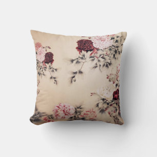 Chinese watercolor pink peony vintage floral throw pillow