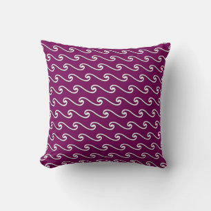 Chinese wave pattern - white on eggplant purple throw pillow