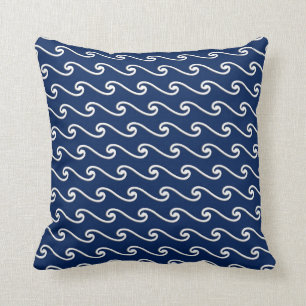 Chinese wave pattern - white on navy blue throw pillow