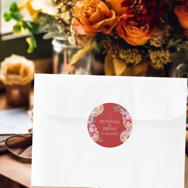 Chinese Wedding Bright Red Peony Classic Round Sticker (Creator Uploaded)