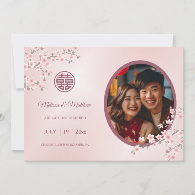 Chinese Wedding Double Happiness Cherry Blossom Save The Date (Front)