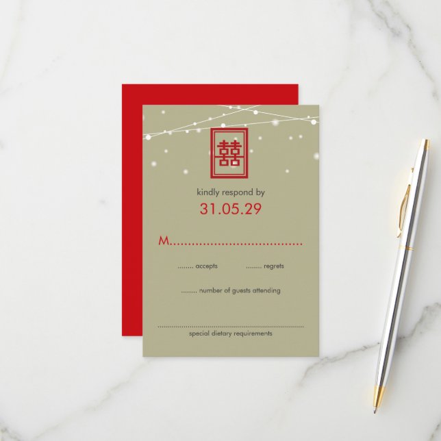 Chinese Wedding Double Happiness Fairy Lights RSVP Card (Front/Back In Situ)