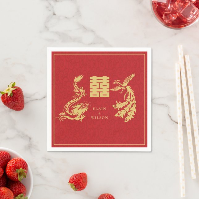 Chinese Wedding Dragon-Phoenix Double Xi Red Gold Napkin (Insitu)