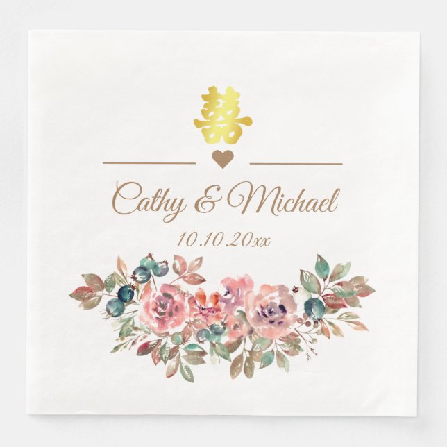 Chinese wedding elegant rustic dusty pink floral  napkin (Front)