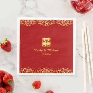 Chinese wedding floral rose papercut red and gold  napkin