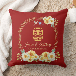 Chinese wedding frame red floral bird throw pillow